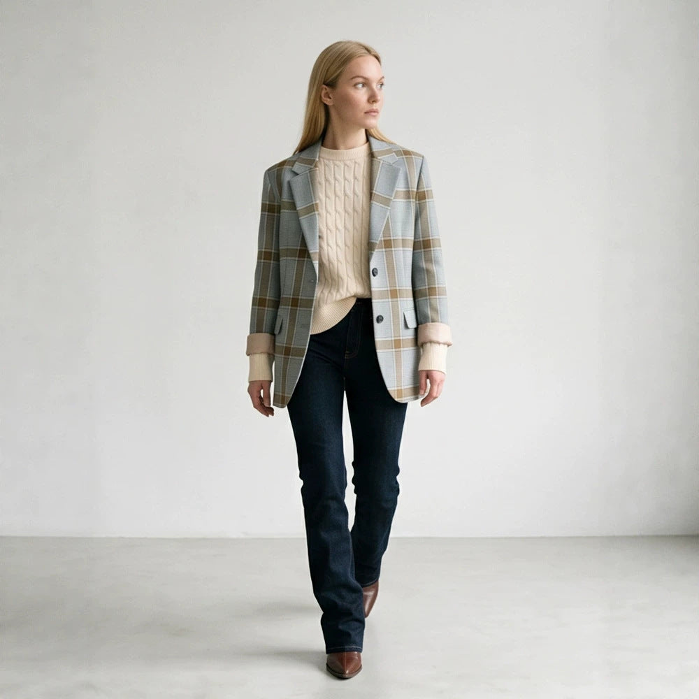 Damen Oversize-Karoblazer im Glencheck mit kastiger Silhouette und fallendem Revers Echoarchiv