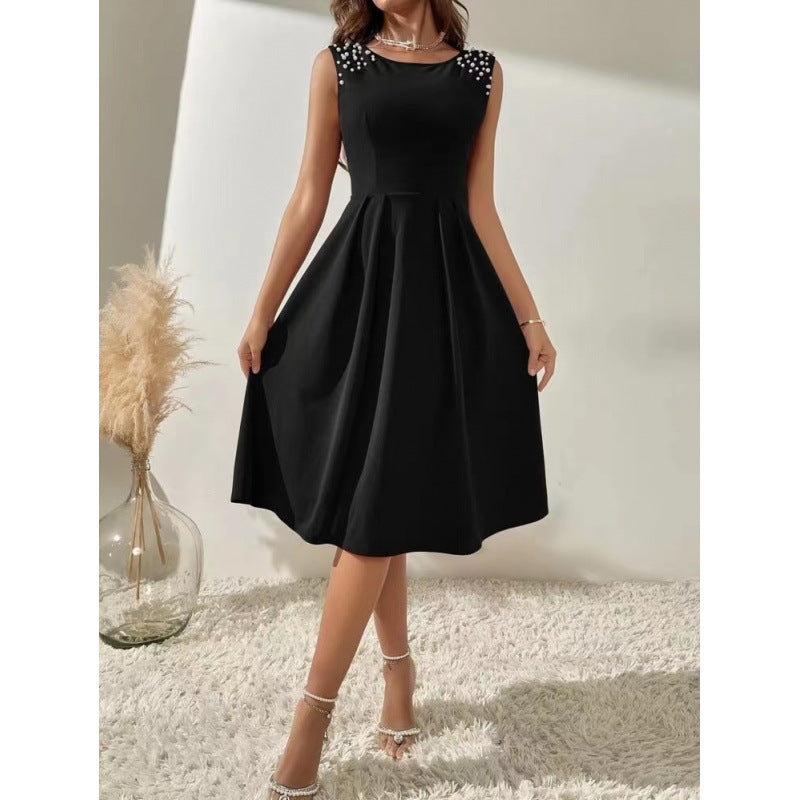 Damen Midi-Kleid mit dekorativen Perlenakzenten und schwingendem Rock Echo Archiv