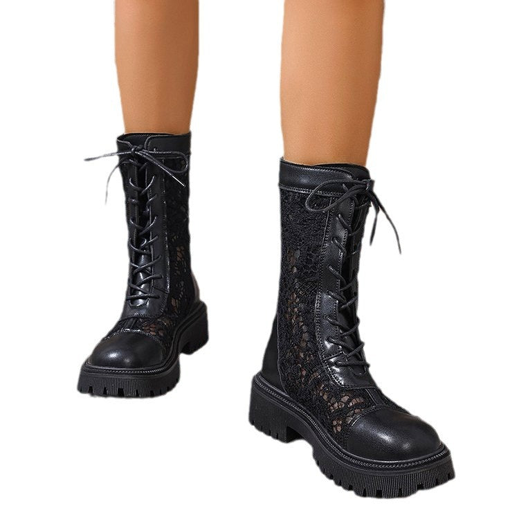 Damen Schnürstiefel mit Spitzeneinsätzen, robuster Profilsohle und Lederoptik Echoarchiv