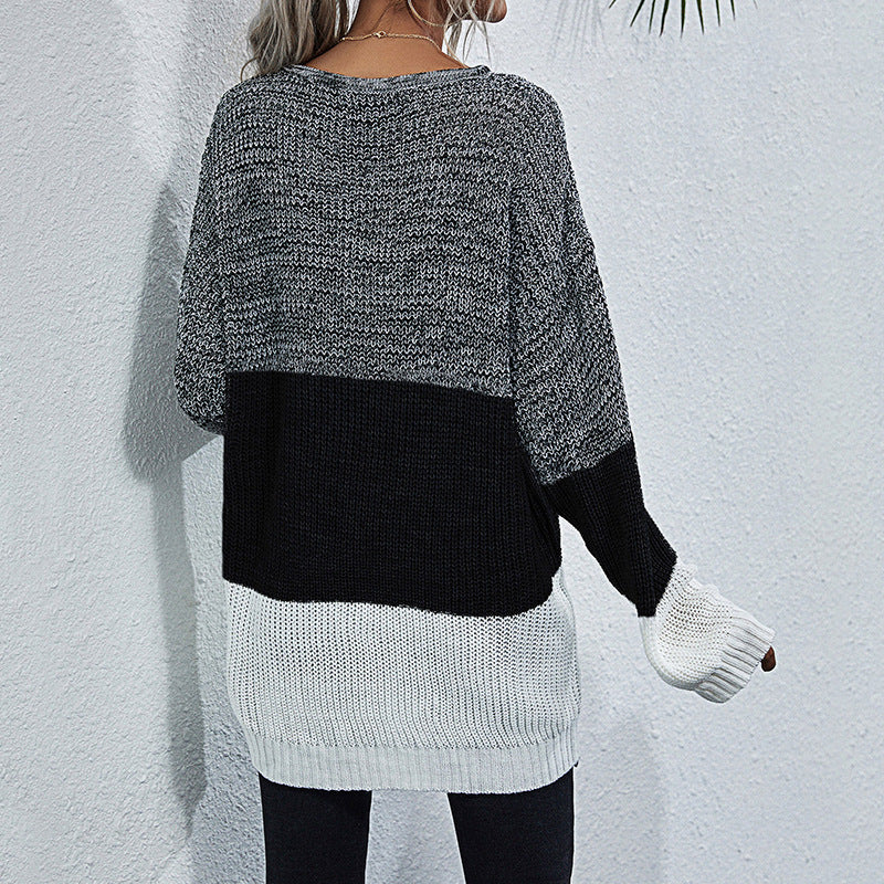 Damen Longline-Grobstrickpullover mit Farbbalken, Rundhalsausschnitt und leicht überschnittener Schulter Echoarchiv