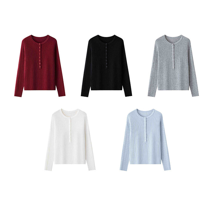 Damen Feinstrick-Pullover mit Henley-Knopfleiste und Rippenstruktur Echo Archiv