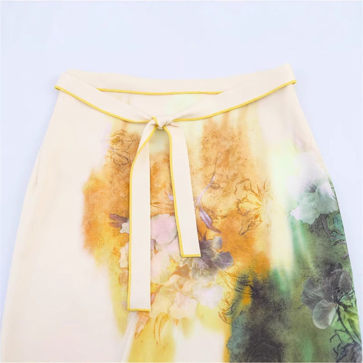 Damen Midirock mit Aquarell‑Print, geradem Schnitt und Zierbindegürtel Echo Archiv