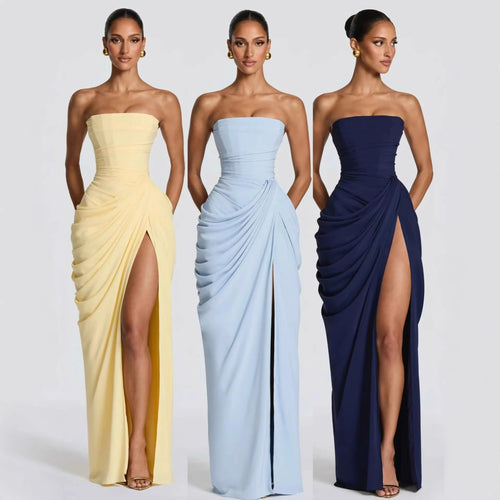 Damen Elegantes Bandeau Abendkleid mit Raffungen und Beinschlitz Echo Archiv