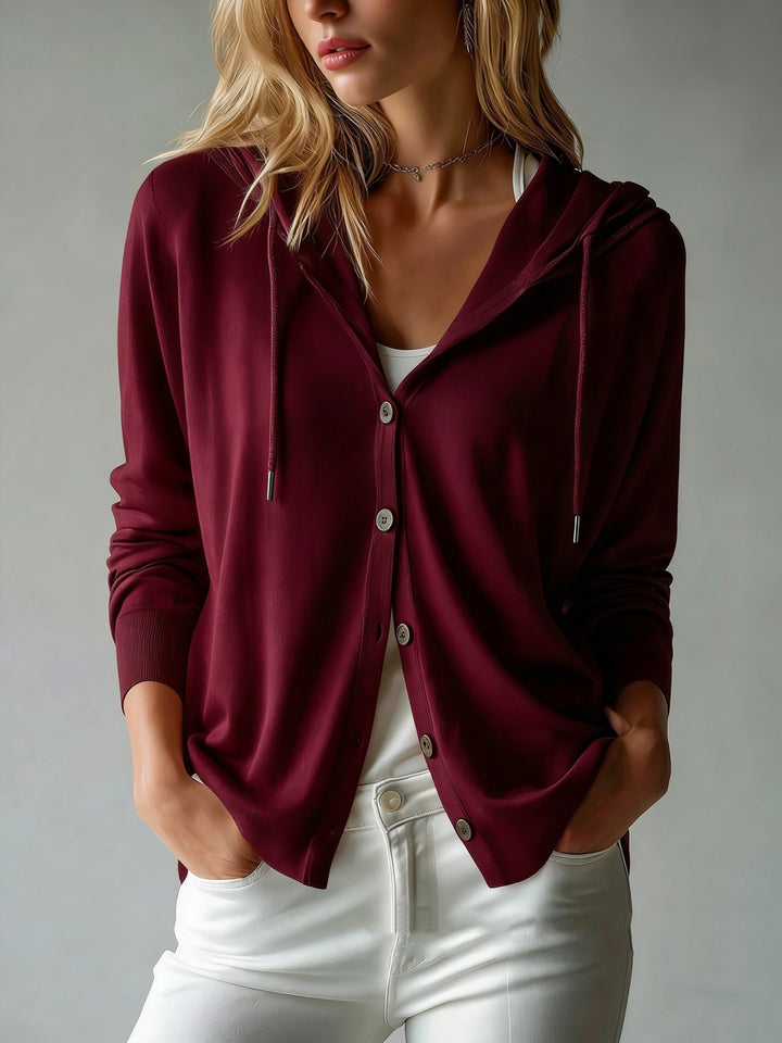 Damen leichter Kapuzen-Cardigan mit Knopfleiste und Tunnelzug – Veloura
