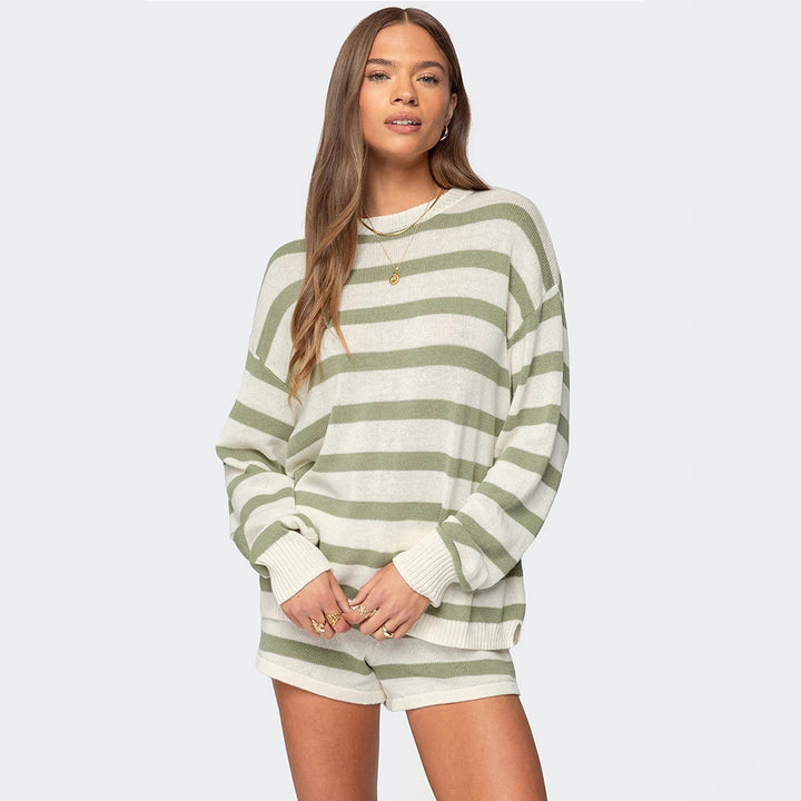Damen nan gestreiftes Strick-Loungewear-Set mit weitem Pullover und Tunnelzug-Shorts Echo Archiv