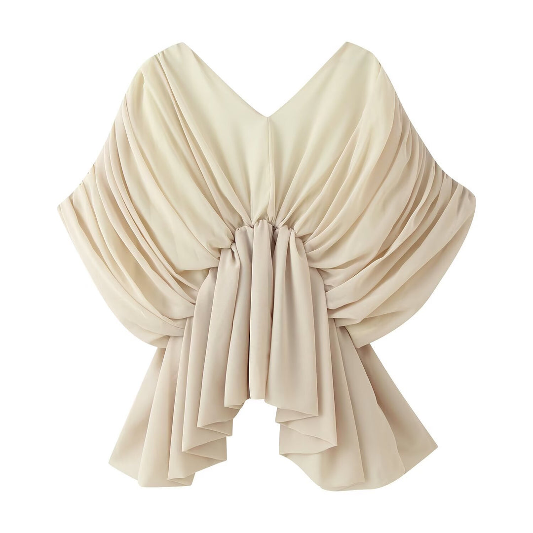 Damen Drapiertes Chiffon-Top mit tiefem V‑Ausschnitt und Volant‑Cape Echo Archiv
