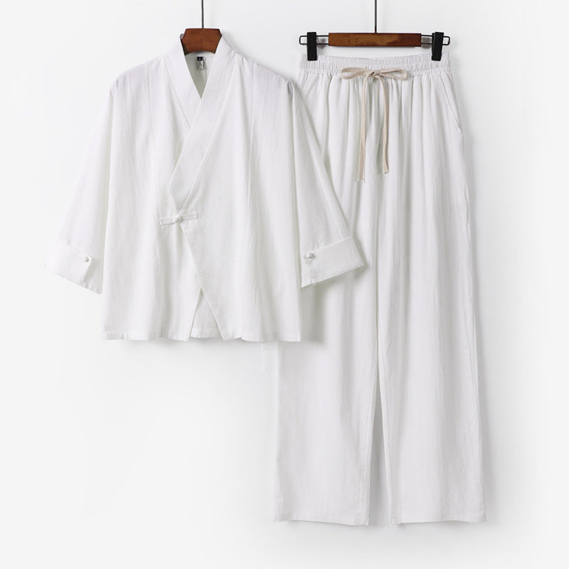 Unisex Leichtes Zen-Lounge-Set im Kimono-Stil mit überschnittener Schulter verdeckter Knotenleiste und elastischer Tunnelzughose Echoarchiv