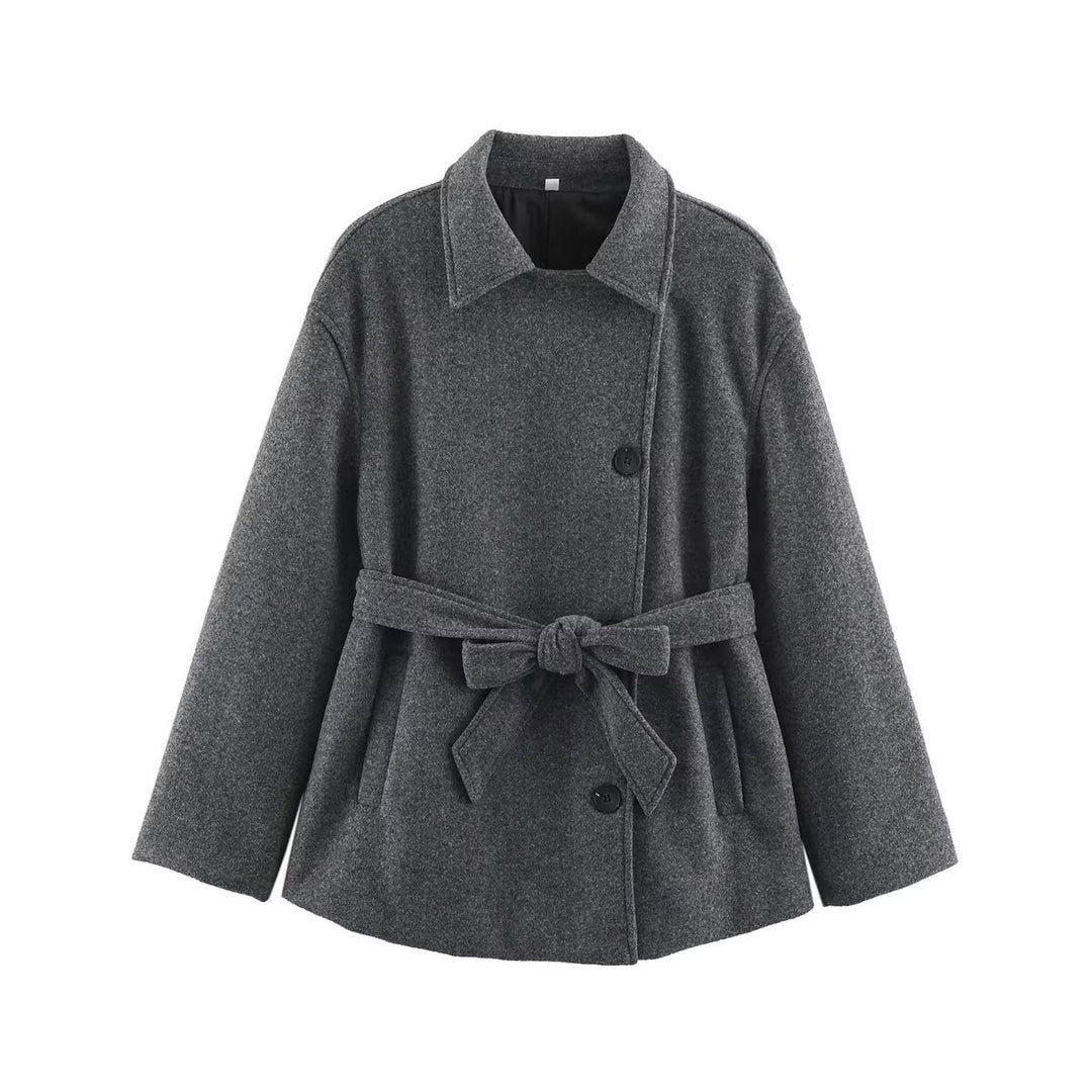Damen Kurzmantel im Wickelstil mit Taillengürtel und kastiger Silhouette Echoarchiv