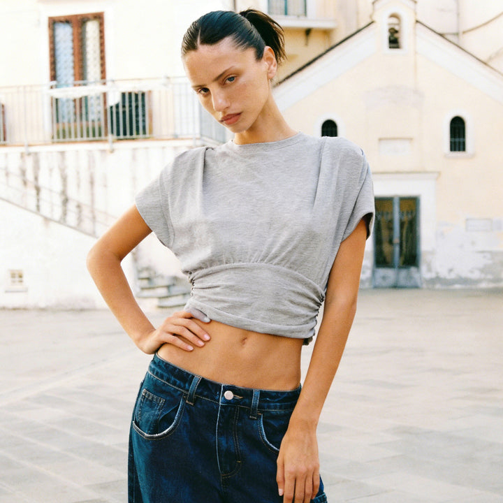 Damen lässiges Oversized T-Shirt mit elastischem Bund und Raffung Echo Archiv