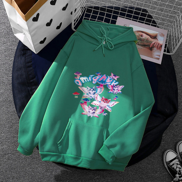 Damen Kapuzenpullover mit verspieltem Katzen‑Schmetterlings-Print und Kängurutasche – Auréline