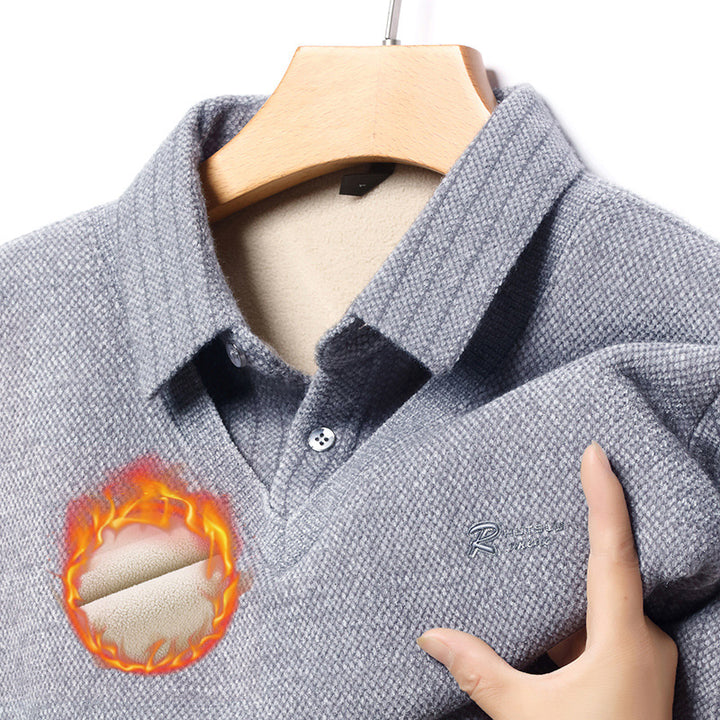 Herren eleganter V-Pullover mit strukturierten Ärmeln und klassischem Hemdkragen Echoarchiv