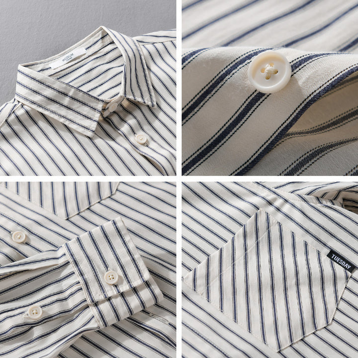 Herren Nadelstreifen-Langarm-Hemdjacke im Overshirt‑Stil aus leichtem Baumwollmix mit diagonaler Brusttasche Echoarchiv