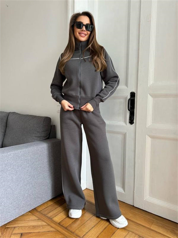 Damen Zweiteiliges Jogginganzug-Set mit Stehkragen, Kontrastpaspel und weitem Bein – Avérine