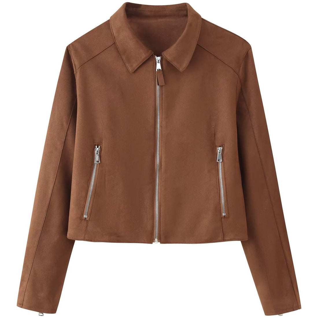 Damen Kurzgeschnittene Veloursoptik-Jacke mit zentralem Reißverschluss und Hemdkragen Echoarchiv