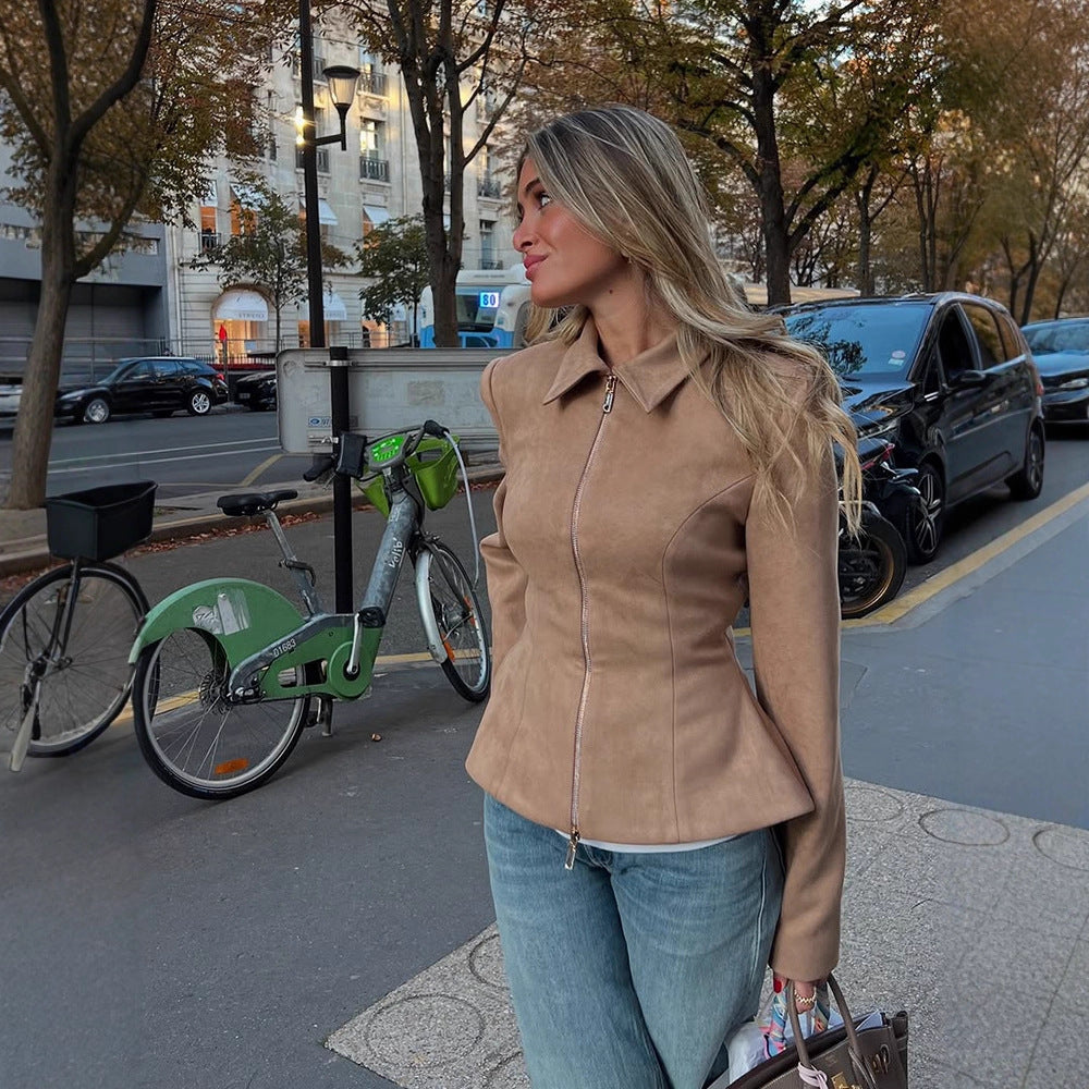 Damen Taillierte Velourslederoptik-Jacke mit Zweiwege-Reißverschluss Echoarchiv