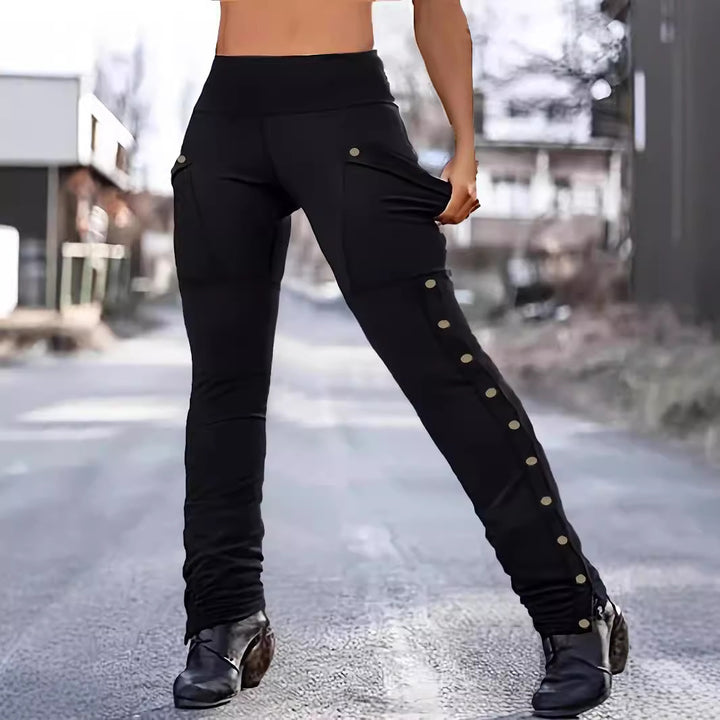 Damen High‑Waist Stretch‑Leggings mit Cargo‑Taschen und Druckknopfdetail – Avélisse