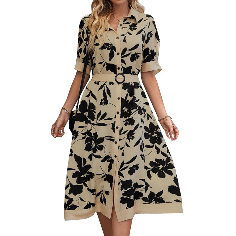 Damen Tailliertes Blusenkleid mit Taillengürtel, Frontknopfleiste und Frontschlitz – Élara