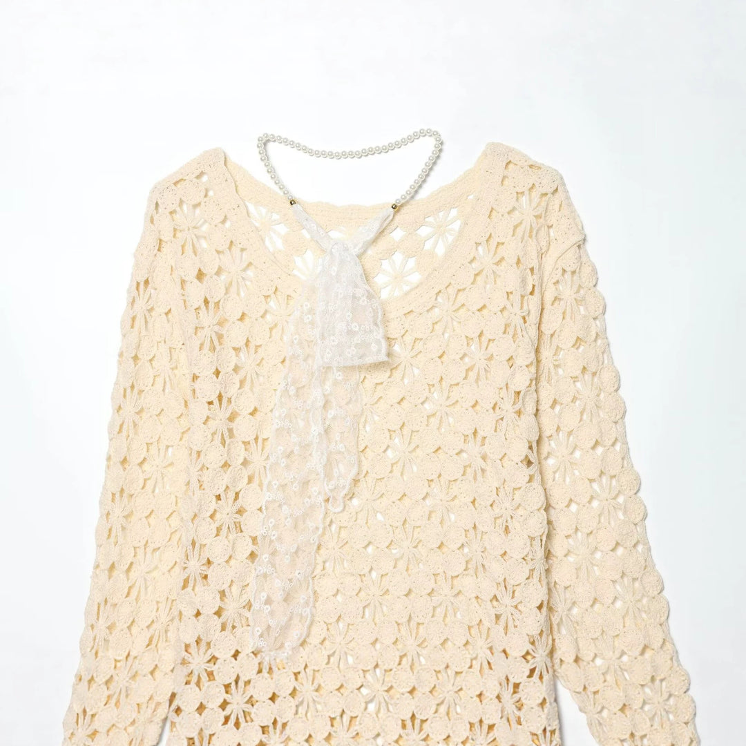 Damen Häkelpullover mit floraler Lochspitze und zarter Spitzen-Schleife Echo Archiv
