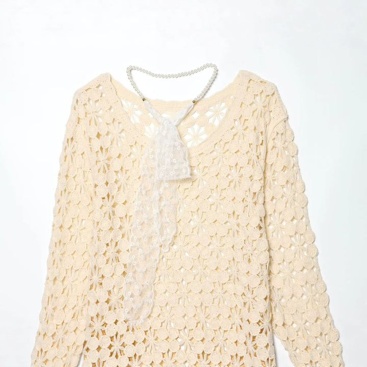 Damen Häkelpullover mit floraler Lochspitze und zarter Spitzen-Schleife Echo Archiv