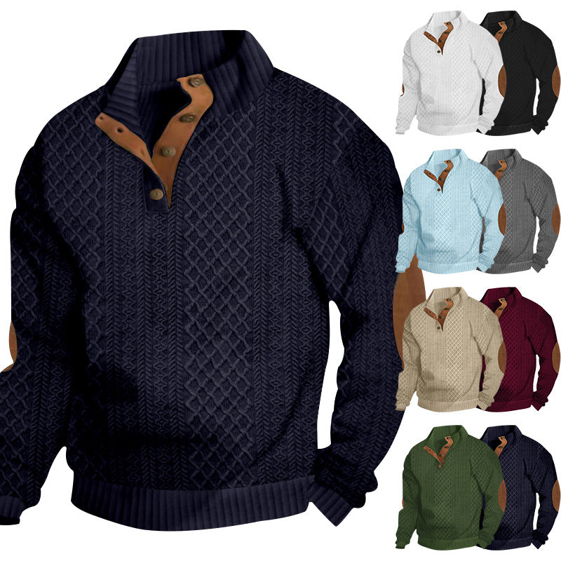 Herren Strickpullover mit innovativem Stehkragen und modernen Lederapplikationen Echoarchiv