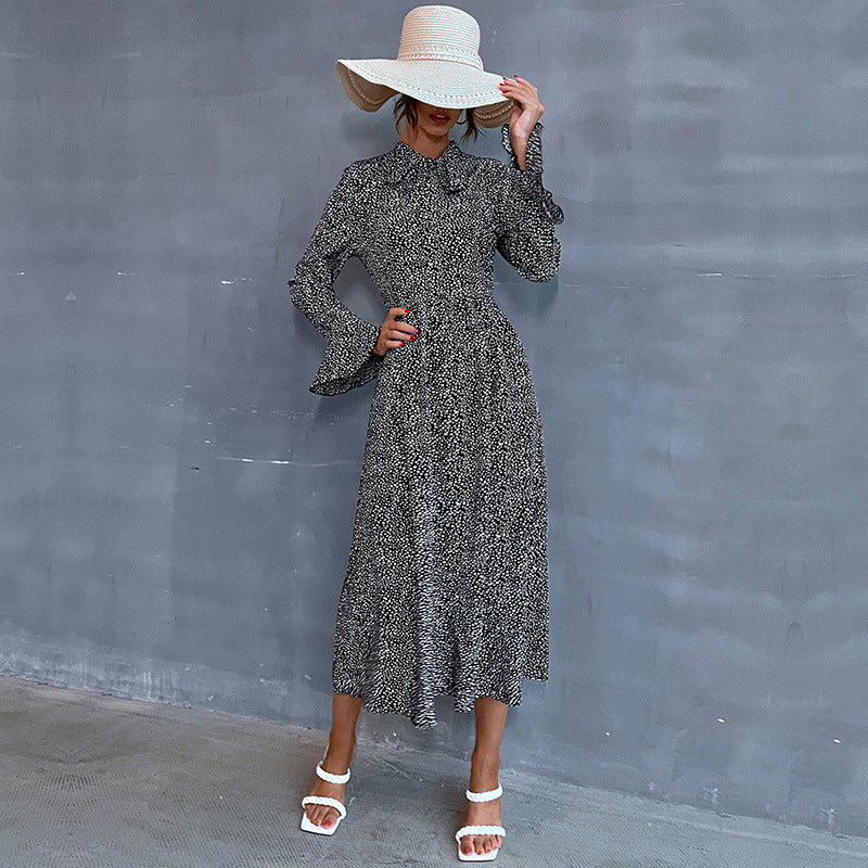 Damen Midikleid mit Stehkragen und Bindeschleife, Langarm A‑Linie mit feinem Pünktchenmuster Echoarchiv
