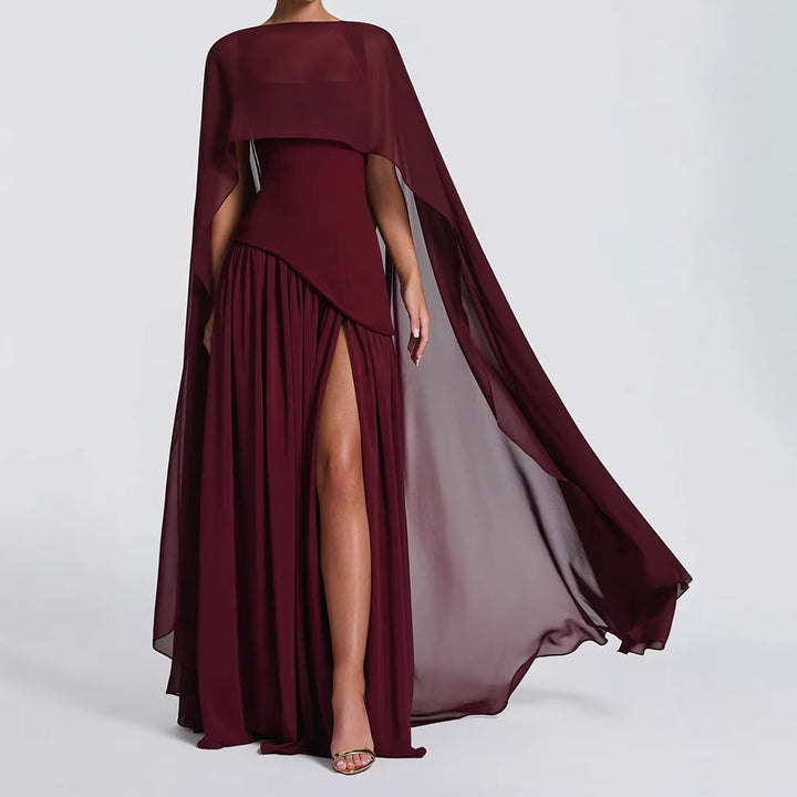 Damen Elegantes Maxikleid mit asymmetrischem Schnitt und fließendem Cape Echo Archiv