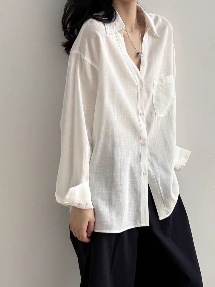 Damen Lässiges Leinenoptik-Longshirt mit Oversize-Schnitt und Brusttasche Echoarchiv