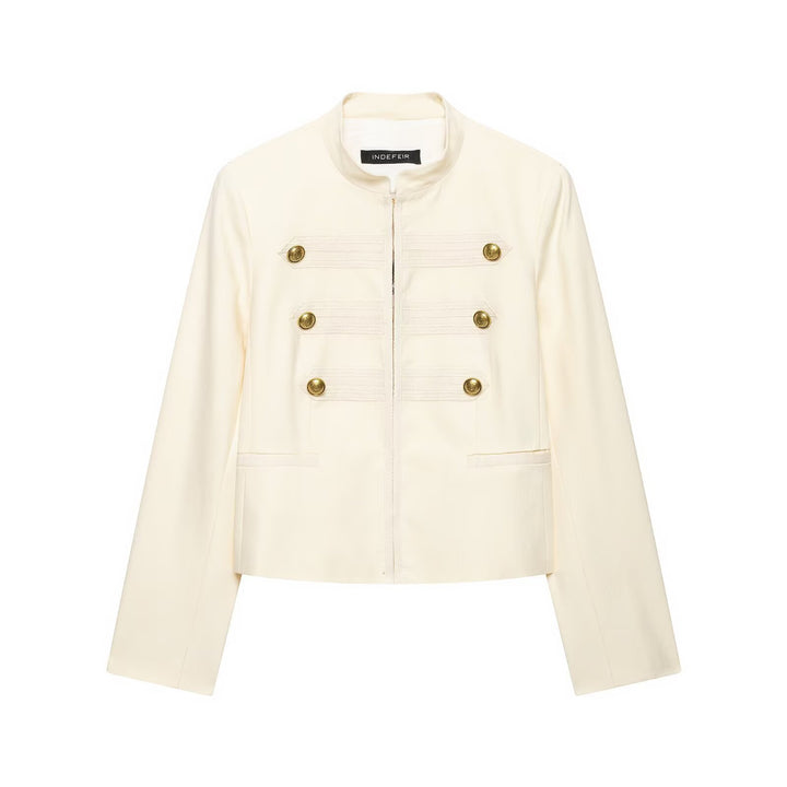 Damen Cropped Militärblazer mit Stehkragen, Zierstreifen und goldenen Statementknöpfen Echoarchiv