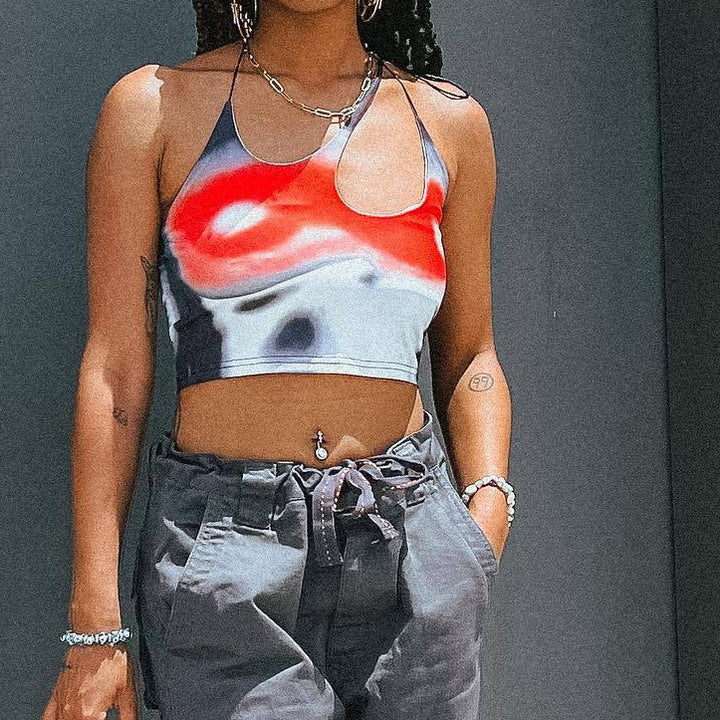 Damen Crop-Top mit asymmetrischem Trägerdesign und lebhaftem Grafikdruck Echo Archiv