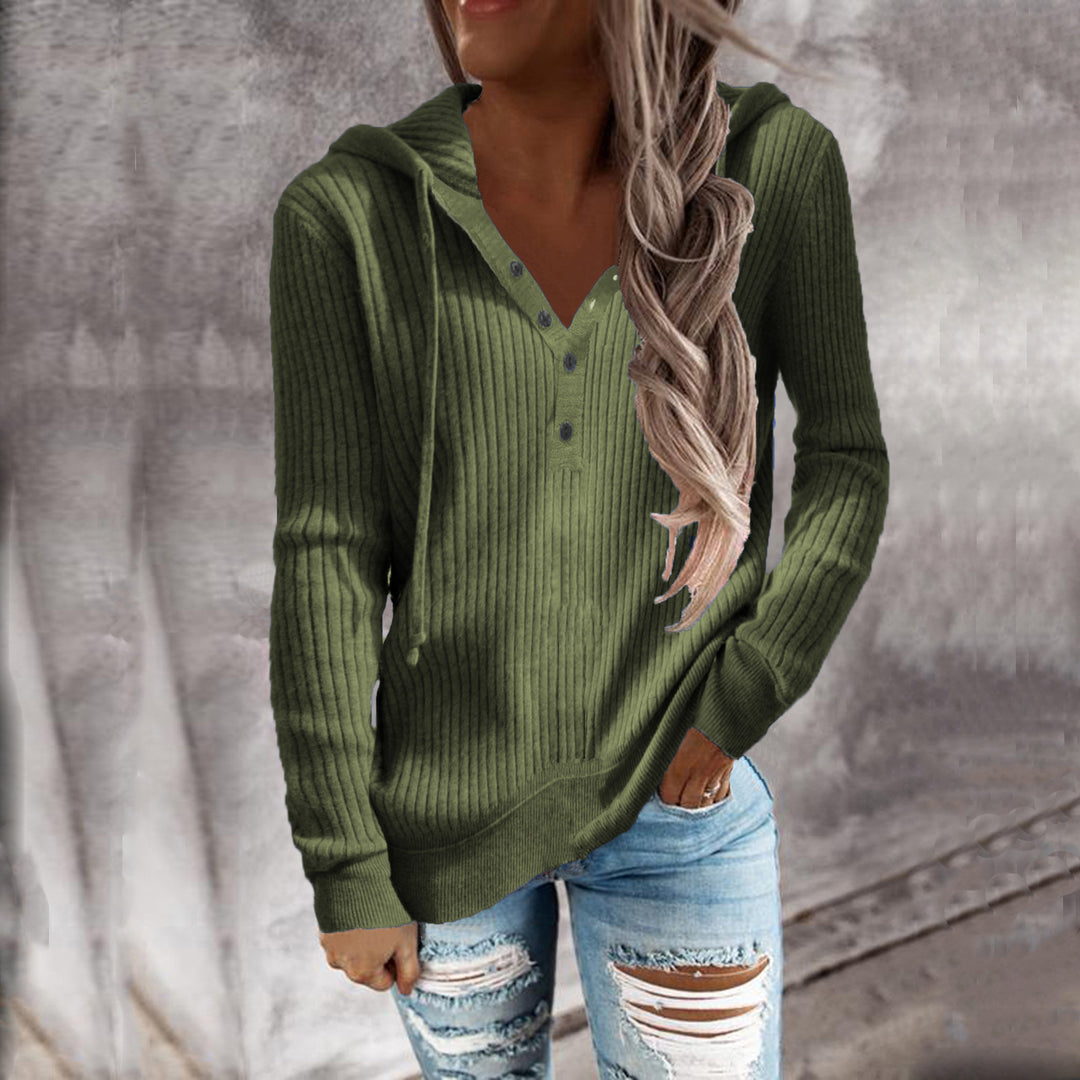 Damen Lässiger gerippter Hoodie-Pullover mit Henley-Knopfleiste und Tunnelzug Echoarchiv