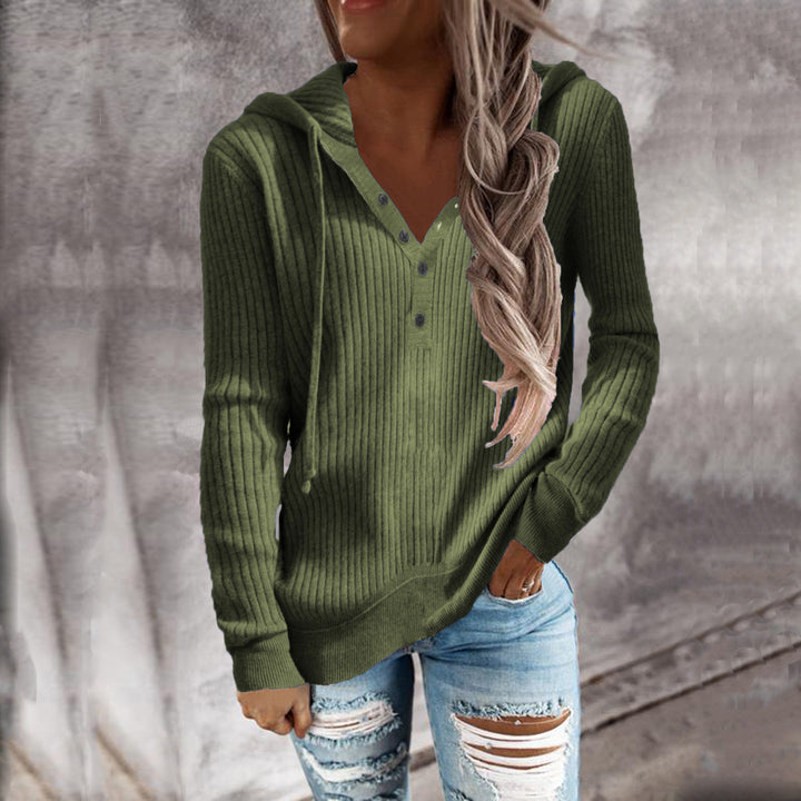 Damen Lässiger gerippter Hoodie-Pullover mit Henley-Knopfleiste und Tunnelzug Echoarchiv