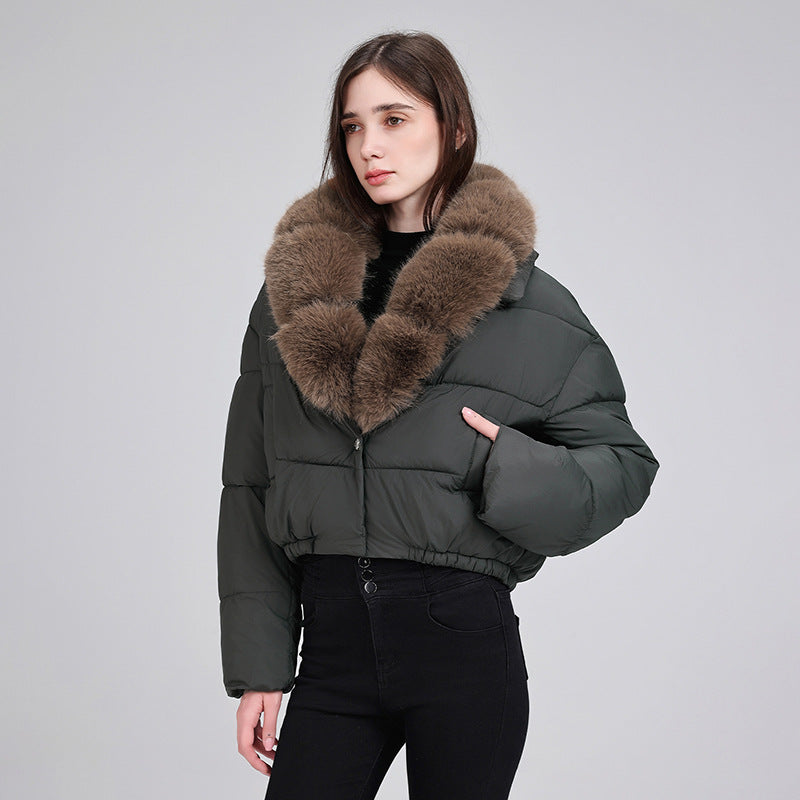 Damen cropped Isolationsjacke mit voluminösem Kunstpelz-Schalkragen und elastischem Saum – Célinea