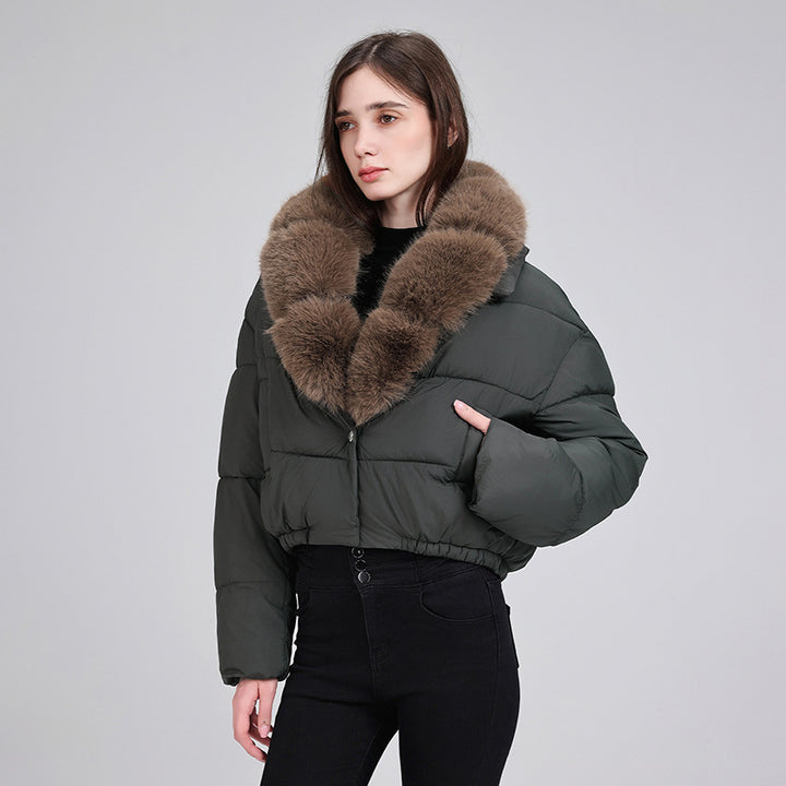 Damen cropped Isolationsjacke mit voluminösem Kunstpelz-Schalkragen und elastischem Saum – Célinea
