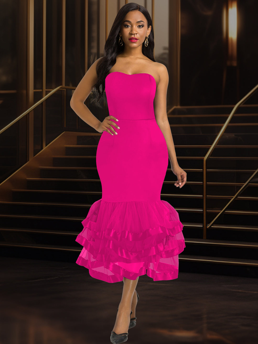 Damen Figurbetontes Abendkleid mit voluminösem Rüschen-Saum Echo Archiv