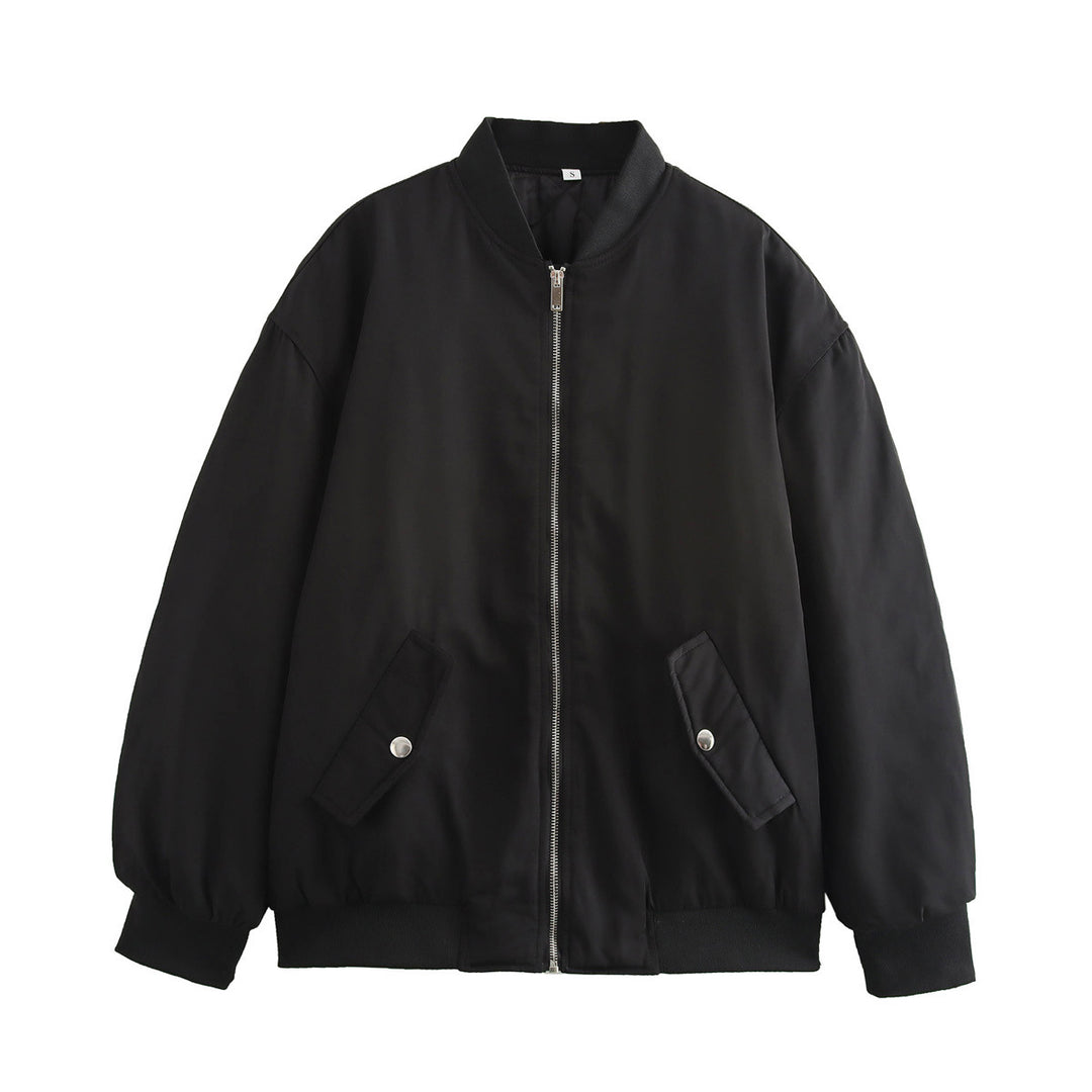 Damen oversized Bomberjacke mit Stehkragen, Reißverschluss und Druckknopf-Taschen – Avenza