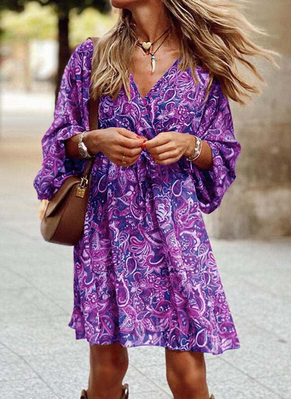 Frauen Boho Mini Kleid mit Paisley-Druck, V-Ausschnitt, gebundenem Gürtel und Ballonärmeln Echoarchiv