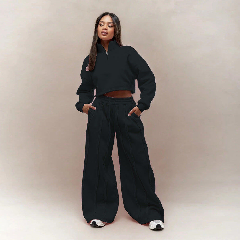 Damen Crop-Halbzip-Sweatshirt und High-Waist Wide-Leg Loungehose Set mit sichtbaren Naht-Details – Avérine