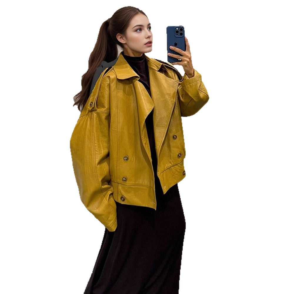 Damen Oversize Lederjacke mit voluminösen Ballonärmeln und kurzer Boxy-Silhouette Echoarchiv