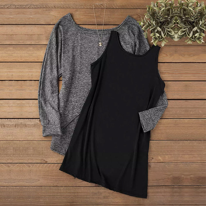 Damen Lässiger schulterfreier Feinstrickpullover mit Lagenoptik und asymmetrischem Saum – Avérine