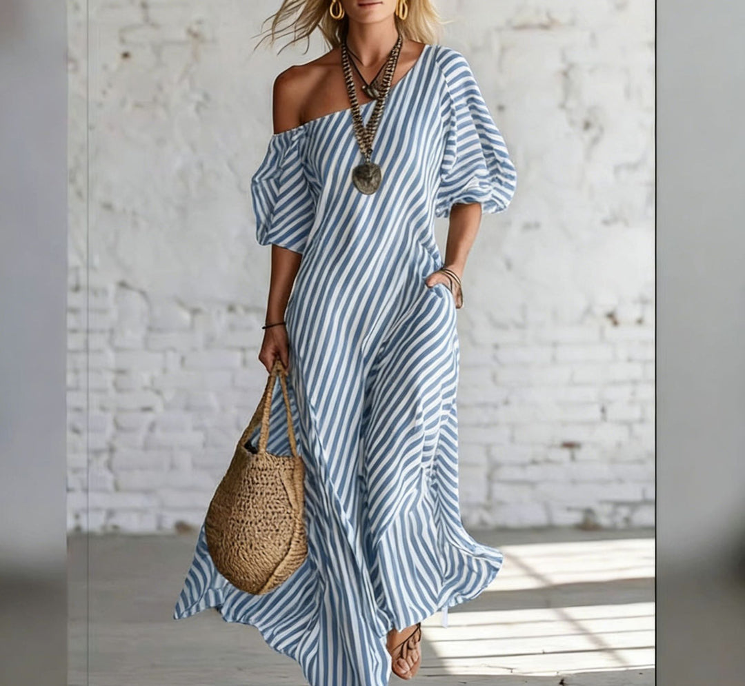 Damen Maxikleid mit asymmetrischem Schnitt und auffälligen Streifen Echo Archiv