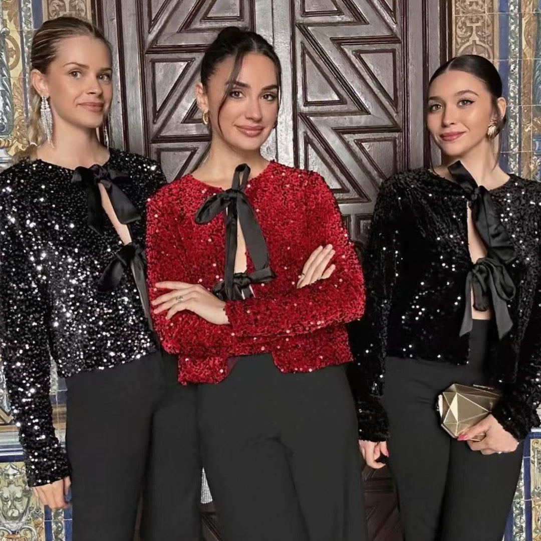 Damen Pailletten-Bolerojacke mit dekorativen Satin-Schleifen Echo Archiv