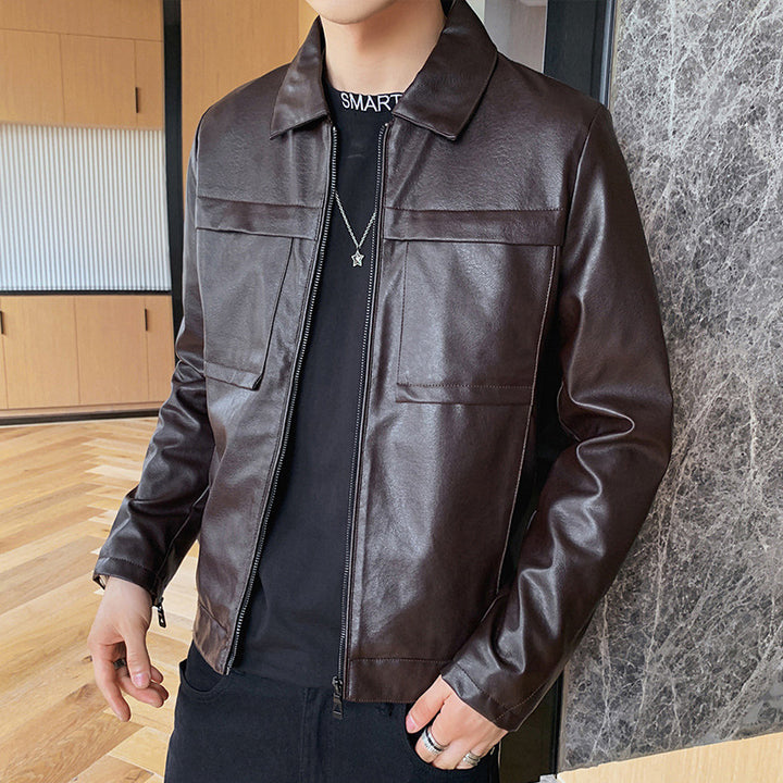 Herren minimalistisches Kunstleder-Zipblouson mit Hemdkragen und Pattentaschen Echoarchiv