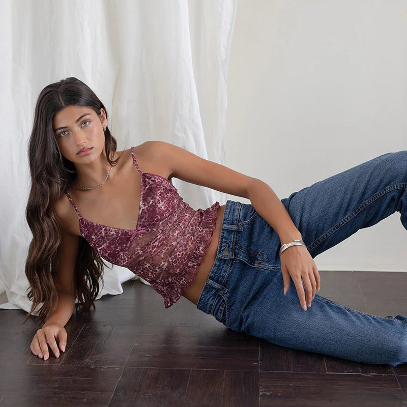Damen Spaghetti-Träger-Top mit transparentem Obermaterial und Rüschendetail Echo Archiv