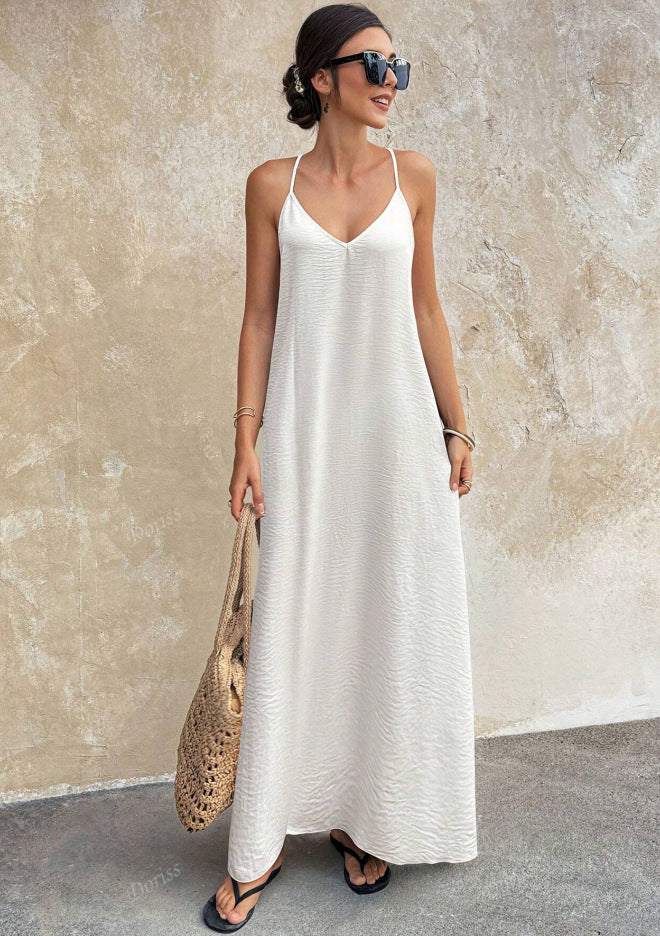 Damen Fließendes Maxikleid mit Spaghettiträgern, V-Ausschnitt und sommerlicher Leinenoptik Echo Archiv