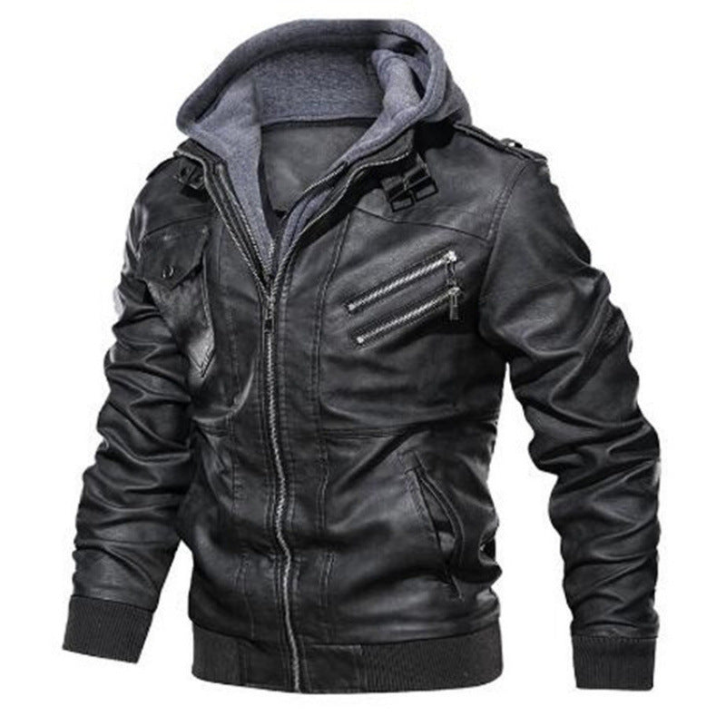 Herren Lederjacke im modernen Biker-Stil mit abnehmbarer Kapuze Echoarchiv