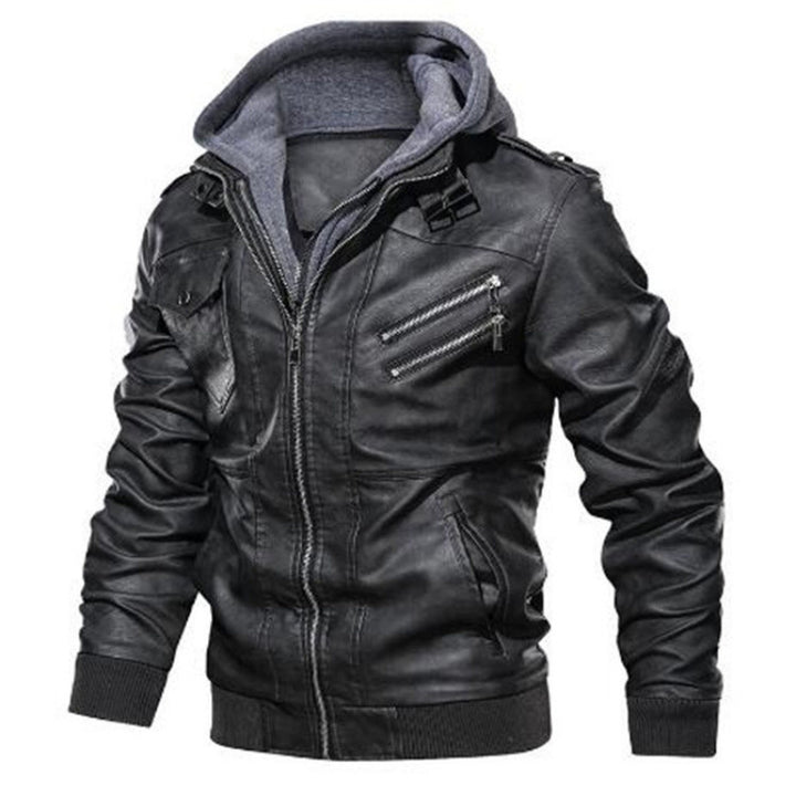 Herren Lederjacke im modernen Biker-Stil mit abnehmbarer Kapuze Echoarchiv