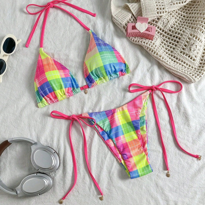 Damen Bunt karierter Triangel-Bikini mit seitlichen Bindebändern Echo Archiv