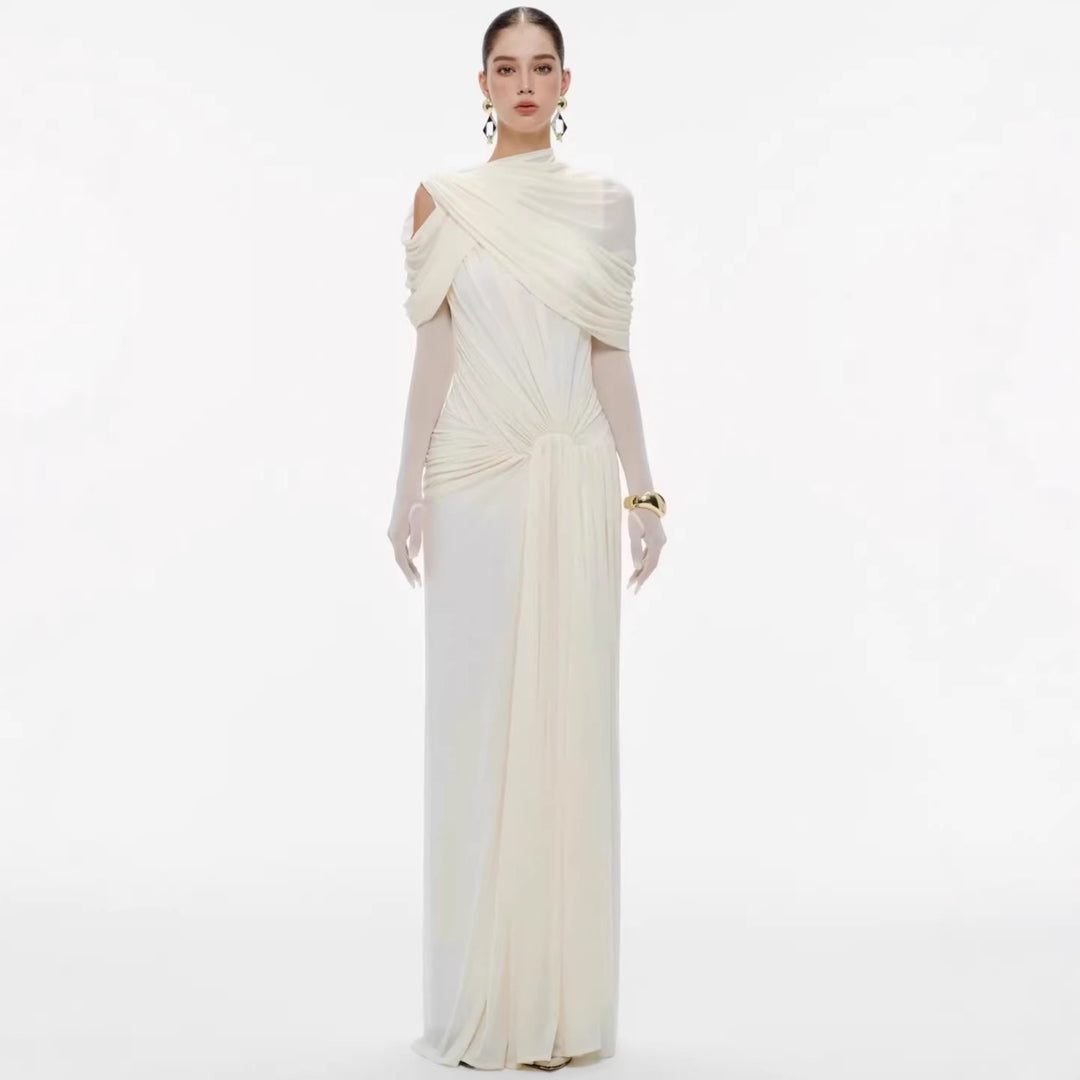Damen elegantes Maxikleid mit innovativen Drapierungsdetails und asymmetrischem Oberteil Echo Archiv