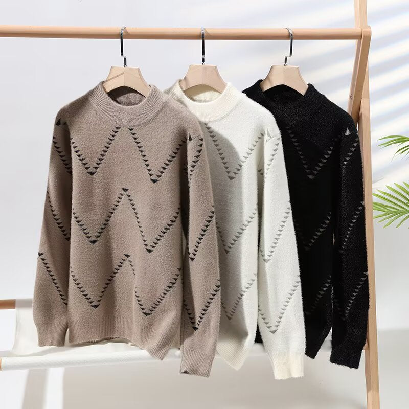 Damen Gemütlicher Strickpullover mit modernem Wellenmuster Echoarchiv