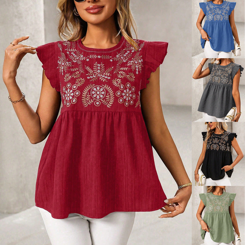 Damen Lockeres besticktes Babydoll-Top mit Rüschenärmeln Echo Archiv
